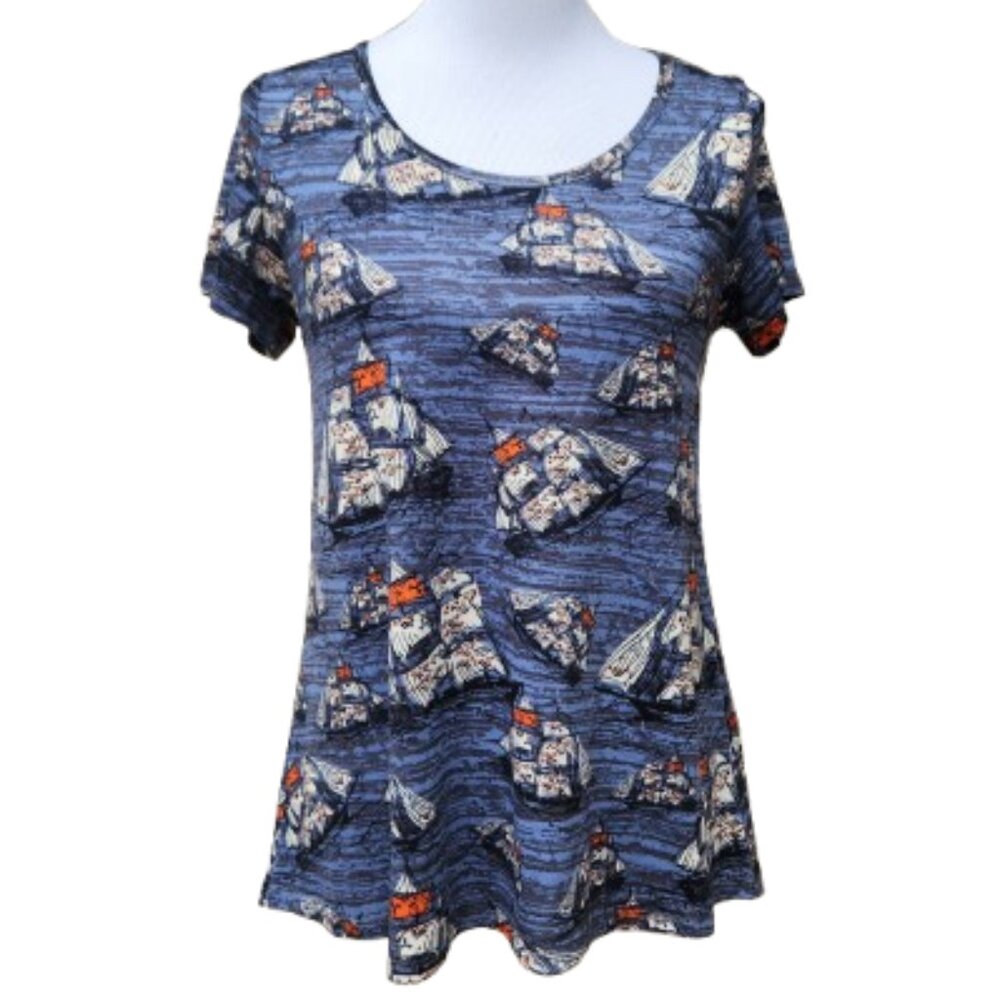 Lularoe Short Sleeve Classic T-Shirt NWT Ship Print Blue Ocean Nautical